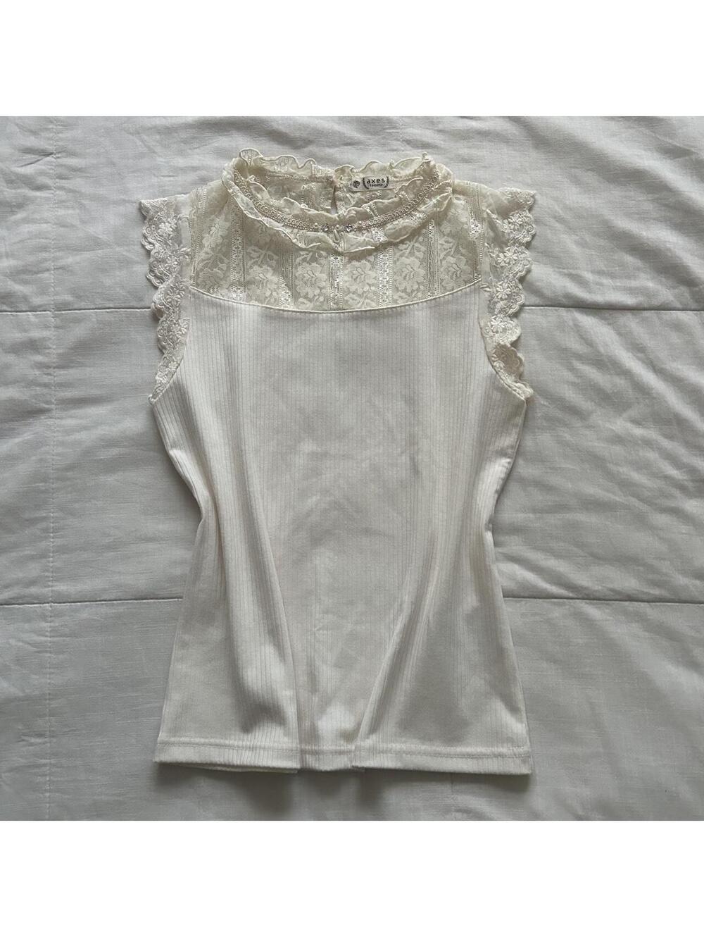 Axes Femme Ivory Lace Yoke Ruffle Sleeveless Ribbed Top Medium Japan